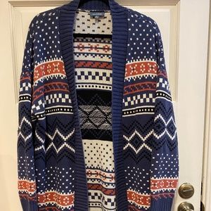 MODCLOTH Fair Isle Red White Blue Open Long Cardigan Womens Sz Medium